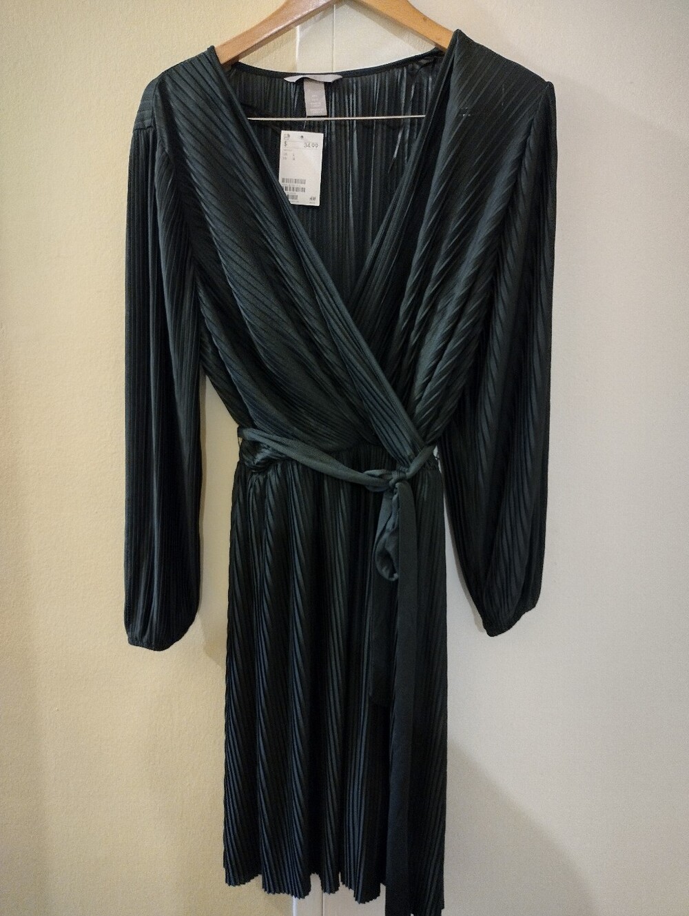 H&M Dark Green Pleated Wrap Midi Dress